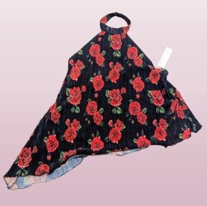 NWT Almost Famous Black Rose Halter Top with Red Floral Design